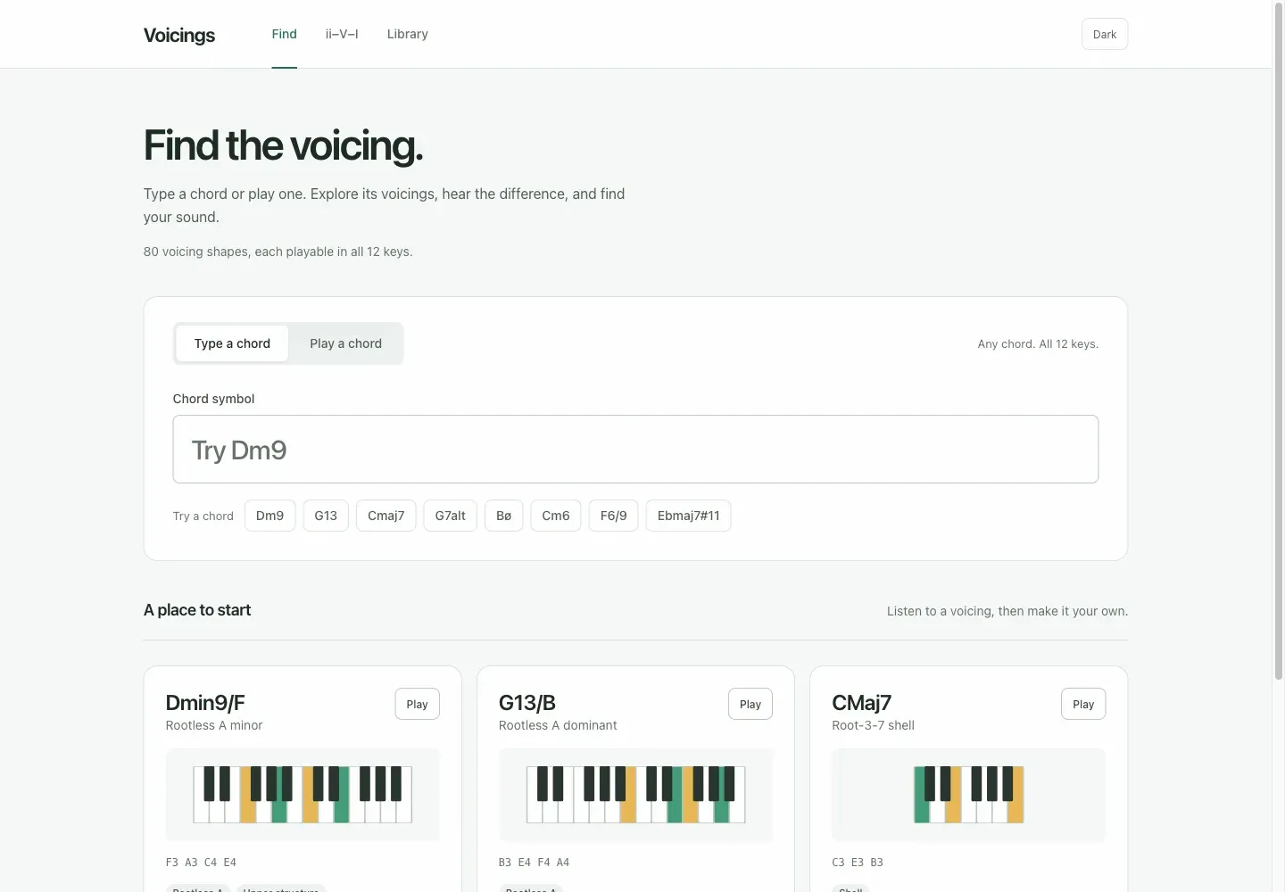 Voicings Find page with chord search and starter voicings on desktop