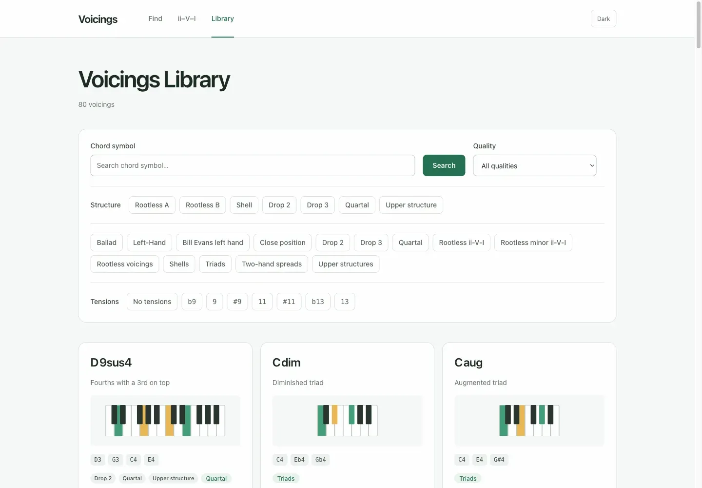 Voicings Library page with chord search, quality, structure, and tag filters