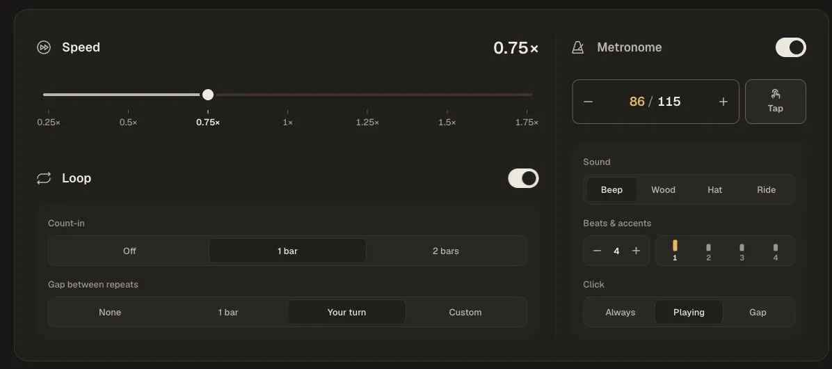 Phrase Lab practice controls with 0.75 times playback speed, a count-in, a repeat gap, and metronome accents