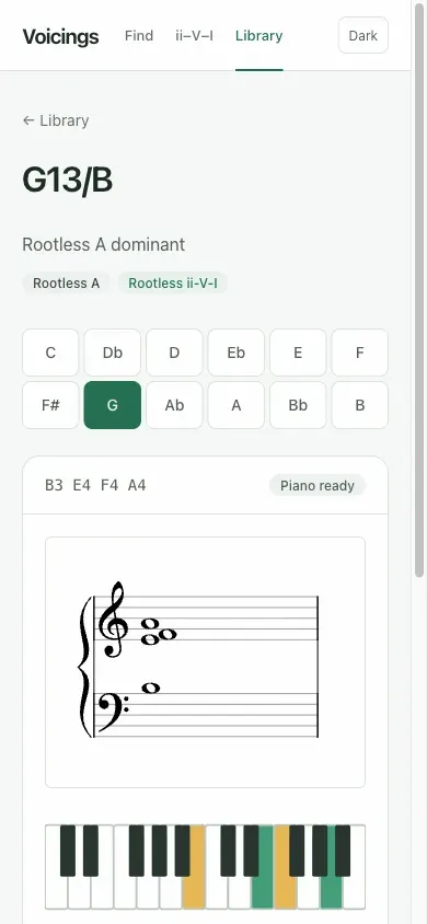 Voicings G13 voicing page on mobile with key picker and grand staff